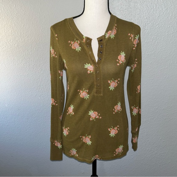 aerie Tops Aerie Waffle Knit Henley Top Green Floral Thermal Long